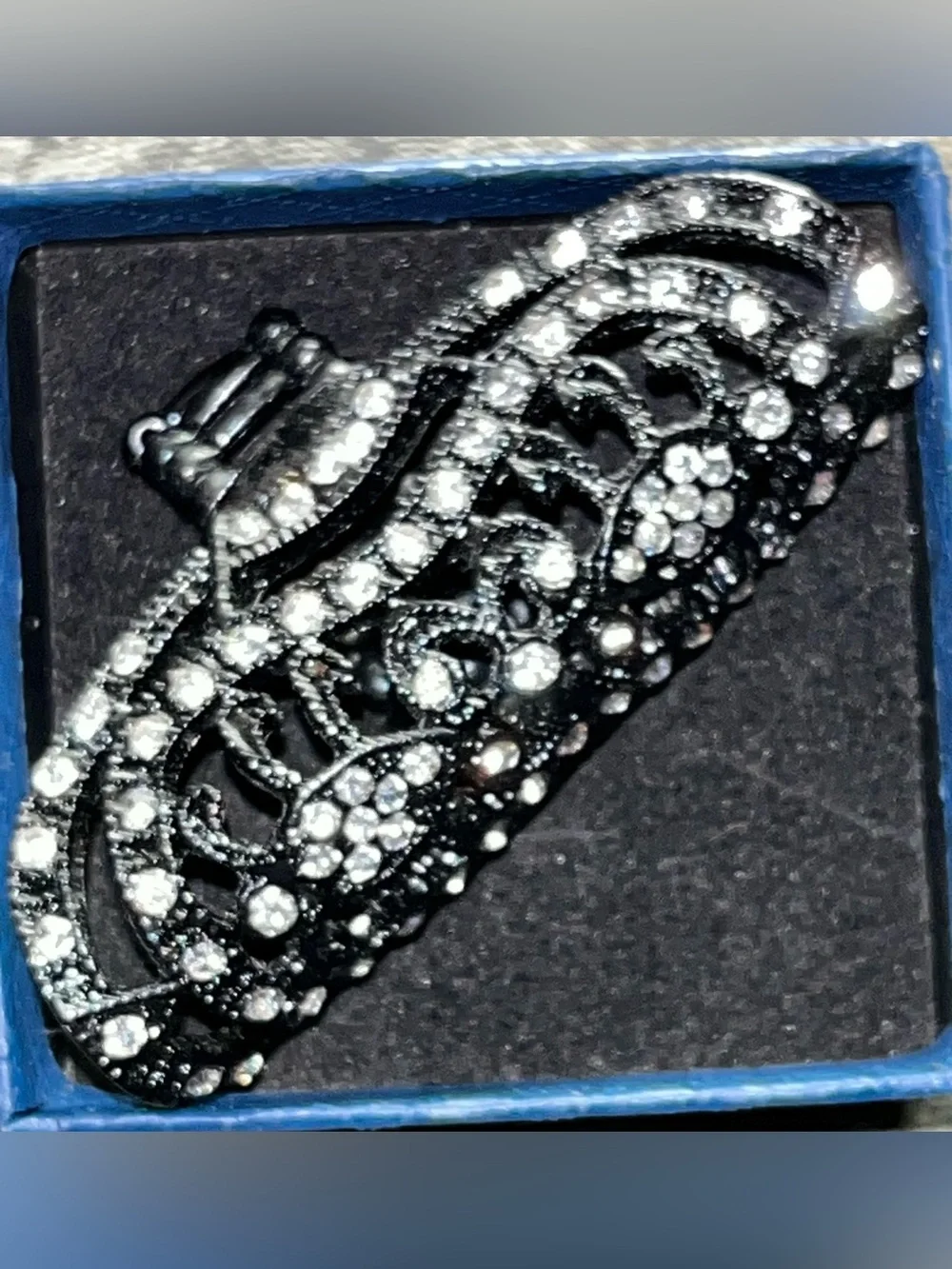 Black Crystal Filigree Adjustable Ring